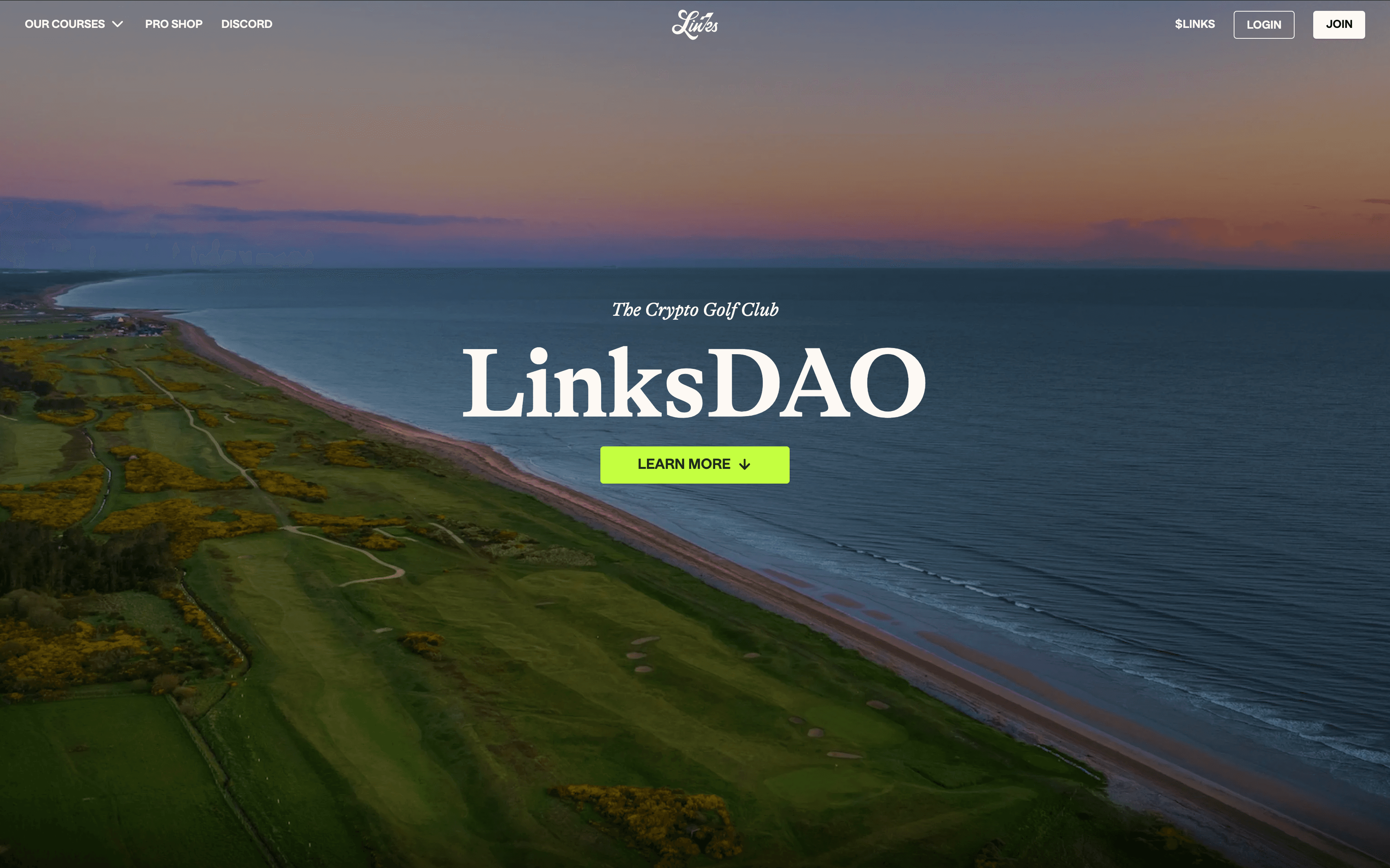 A screen shot of the Links DAO landing page